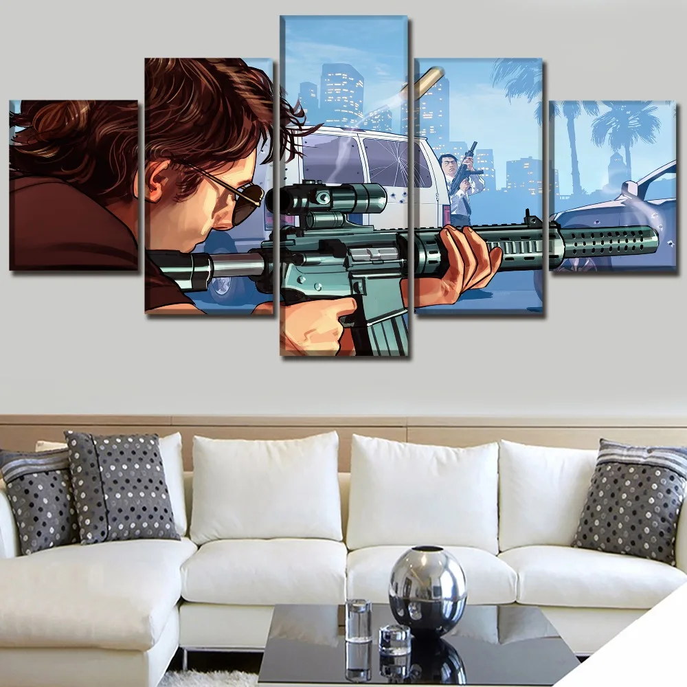 Game Poster Modern Wall Art Framework 5 Pieces Grand Theft Auto V Shooting Hands Picture Canvas Paintings Living Room Decor | Дом и сад