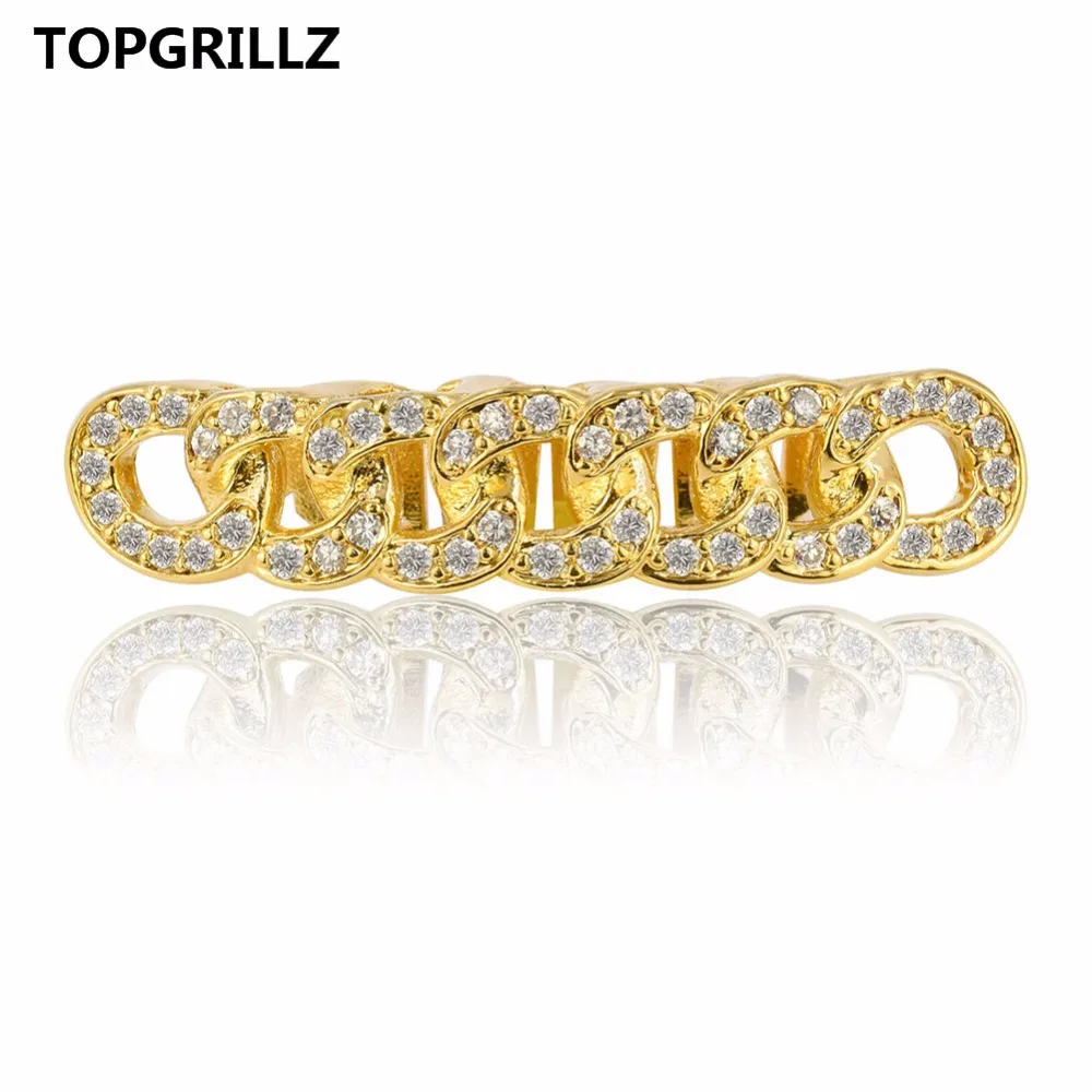

TOPGRILLZ Cuban Link Grillz Pure HQ Gold Color Plated Hip Hop Bottom Teeth Grills Flooded with CZ Stones Tooth Grill For Gift