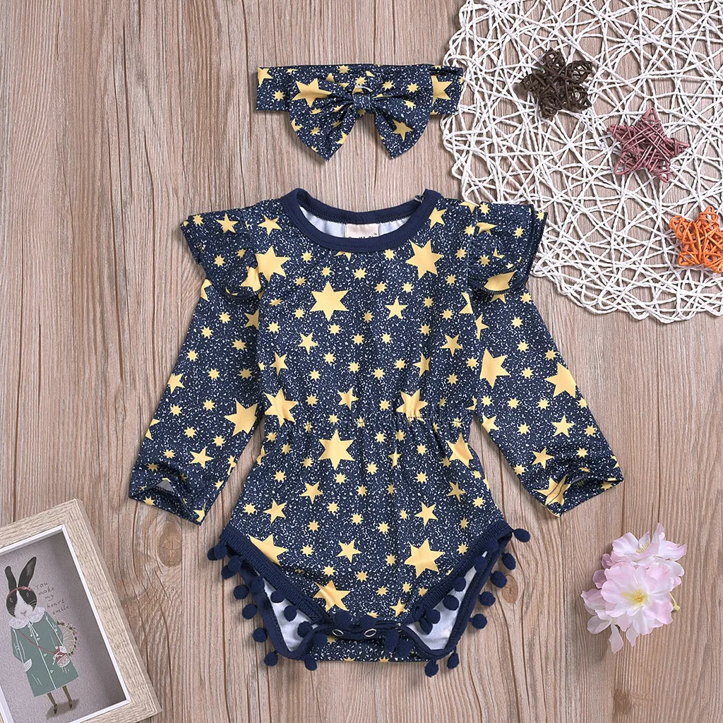 Newborn Infant Baby Girls Tassel Bodysuits Long Sleeve Star Print Baby Bodysuit+Headband Baby Girl Body Suit Onesie Babe Outfit