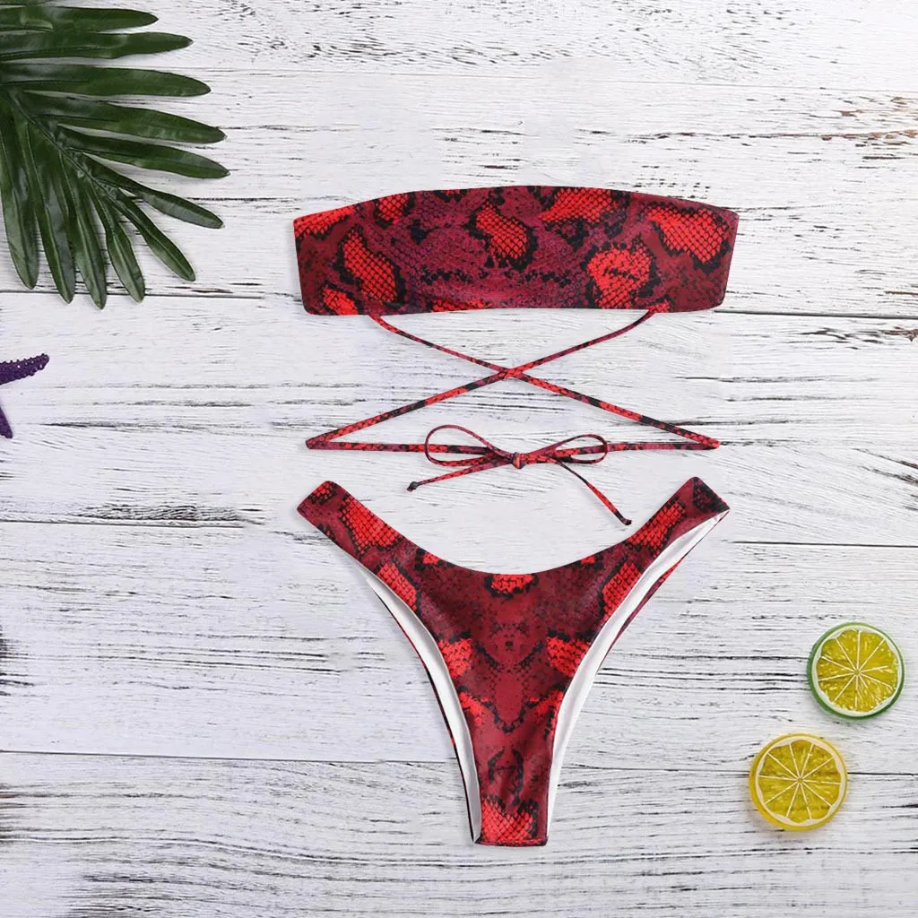 

Swimwear Women Sexy Swimsuits 2019 Summer Hot Low Waist Bikini Set push up Brazilian bikinis Snake Skin Pattern Bandage Biquini