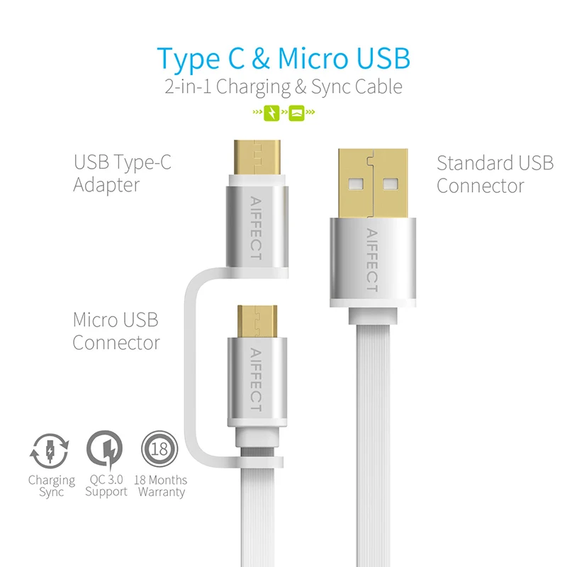 AIFFECT 2 шт. в упаковке 2 в 1 Тип-C кабель для быстрой зарядки и Micro USB кабель для Nexus 5X, Nexus 6 P OnePlus 2 ZUK Z1, LG for Xiaomi 4C