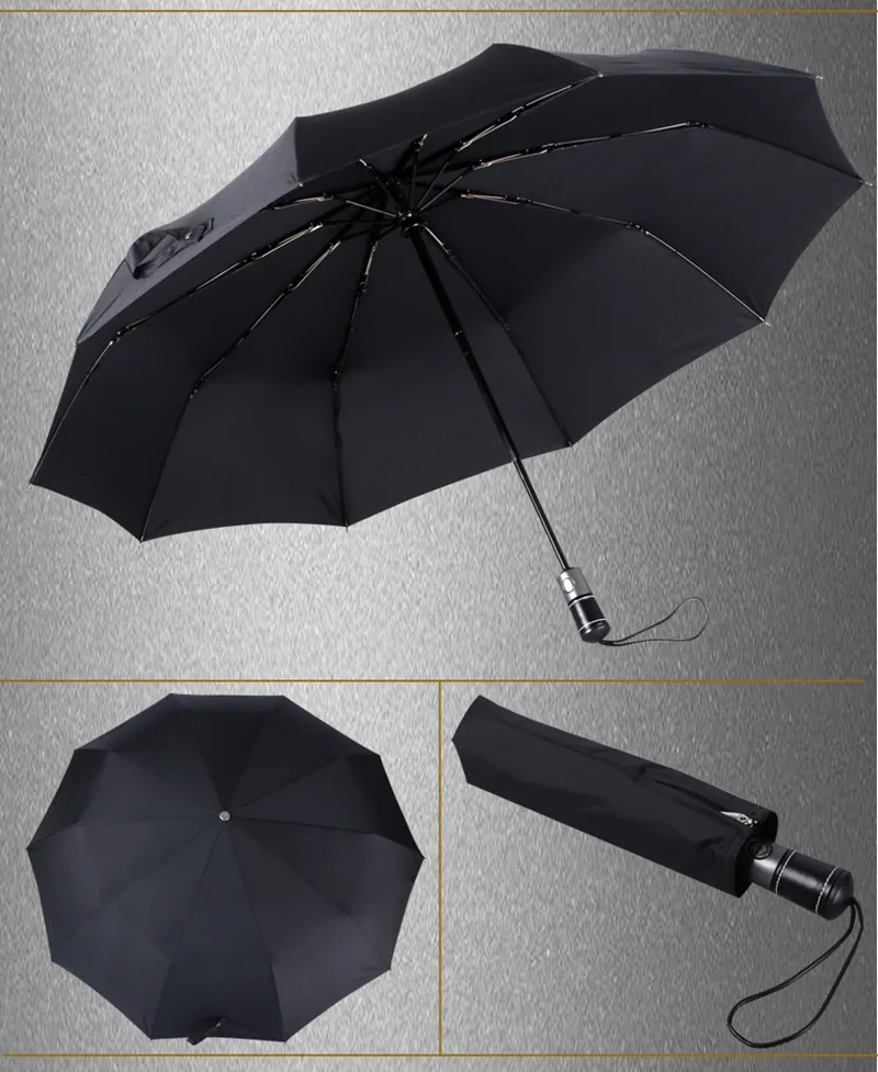Автоматический Три складной мужской коммерческий компактный с ручкой из натуральной кожи большой сильный каркас ветрозащитные нежные черные зонтики