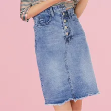 Высокая Талия Джинсовые юбки для Для женщин до колена 4 кнопки Прямые джинсы юбка синий Твердые Нерегулярные промывают юбки