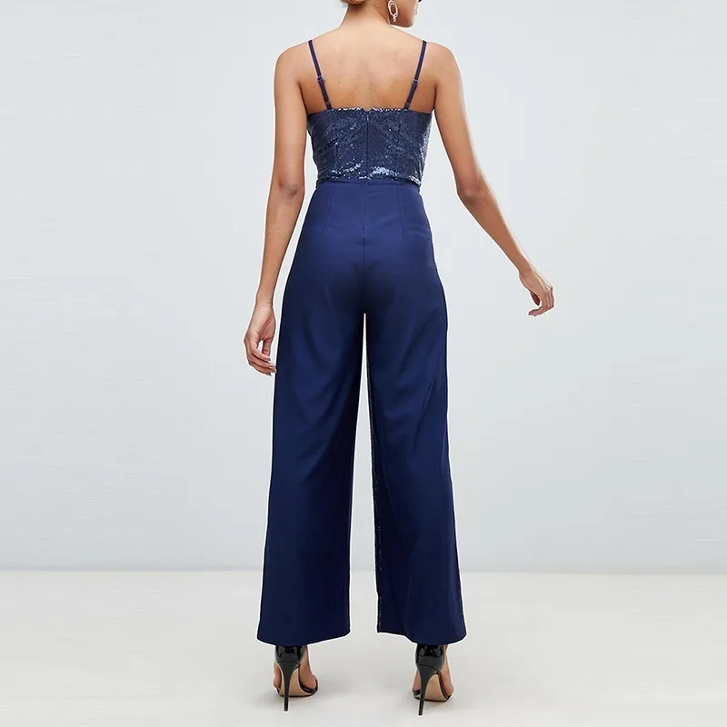 HYH Haoyihui Simplicity Commute V collar Sequins Splicing Navy Blue Broad-legged Slim Rompers Women's Sleeveless Jumpsuits