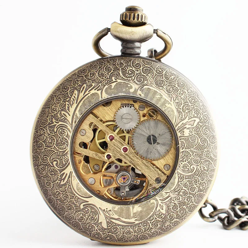 fashion retro mechanical pocket watch engraved hollow flower shaped back flip pocket watch chain for