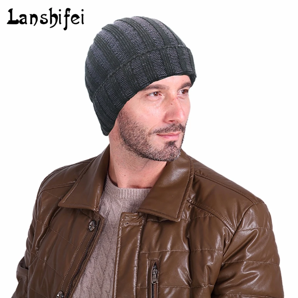 Hot Sale Men Knitting Hat Striped Winter Snow Hat For Man Skullies