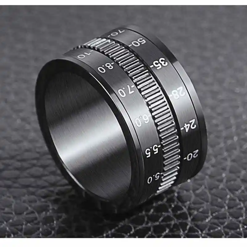 Кольцо в стиле панк, 12 мм, нержавеющая сталь, мужское кольцо, вращающийся объектив камеры, телеобъектив, черное вращающееся кольцо, модные мужские вечерние ювелирные изделия