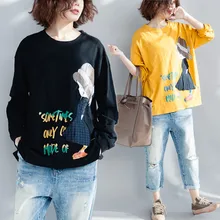 Большой размер 4XL, весна-осень, женские модные милые топы с принтом для маленькой девочки, футболка для девушек, большие размеры, свободная хлопковая футболка с длинным рукавом