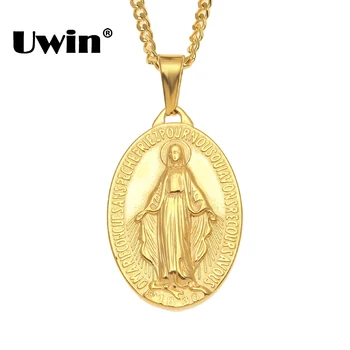 

Uwin Stainless Steel Necklace Punk Women Men Fashion Gold Color Chains Virgin Mary Pendant Cross Medallion Religious Jewelry