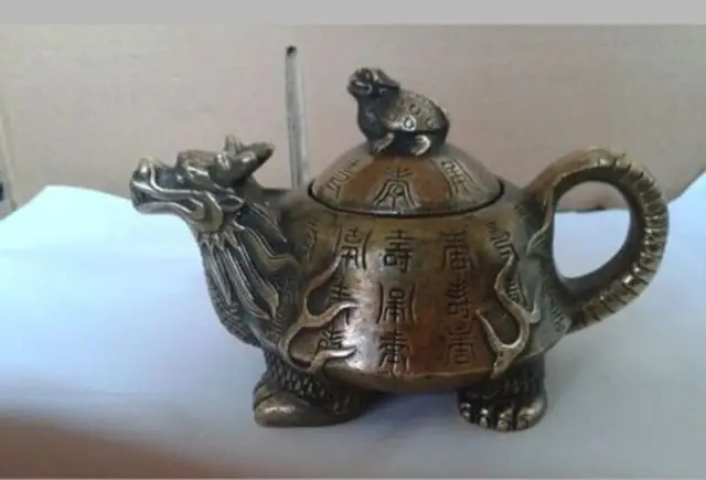 Chinese Old Copper Handwork Dragon Turtle Pot Tea Pot Crafts Decoration
