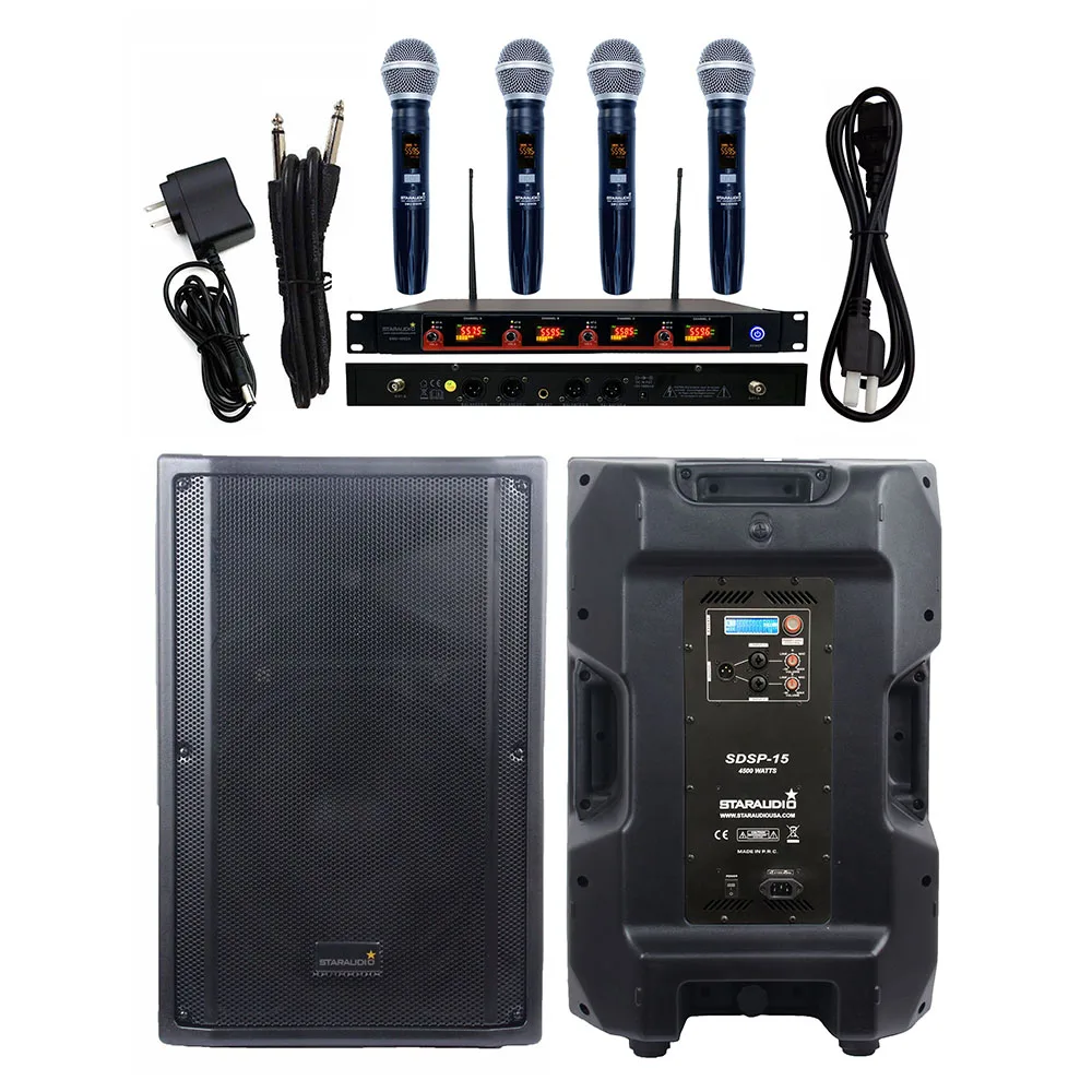 

STARAUDIO 4500W PA 15" 4 Ohm DSP Powered DJ Speaker Active Stage Party Speaker 4CH UHF Wireless IR Handheld Microphone SDSP-15