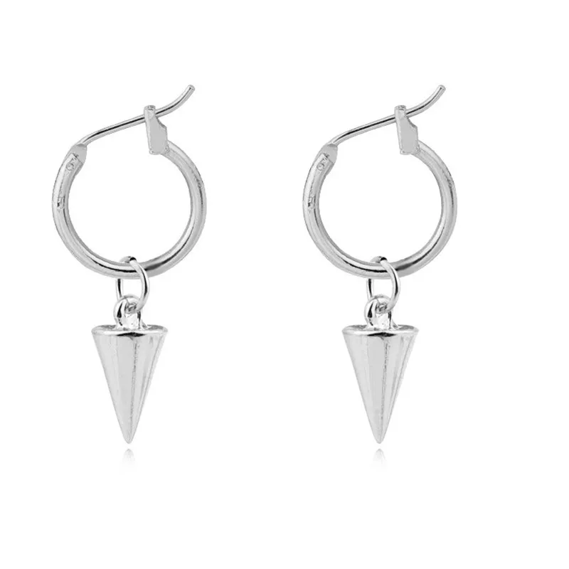 

Korean kpop Simple New Punk Small Cone Hoop Earrings With Pendant Silver Color Cool Circle TriangleFor Women men Jewelry