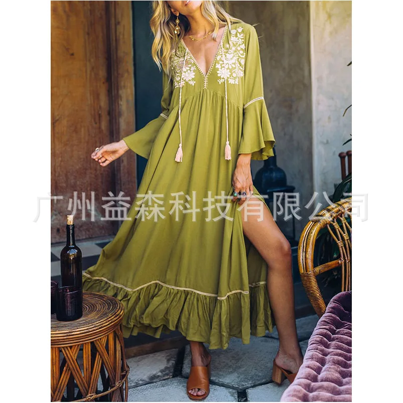 

Fashion Solid Woman Dress 2019 Spring Summer V Neck Middle Sleeve Boho Maxi Dresses Flare Sleeve Vestido