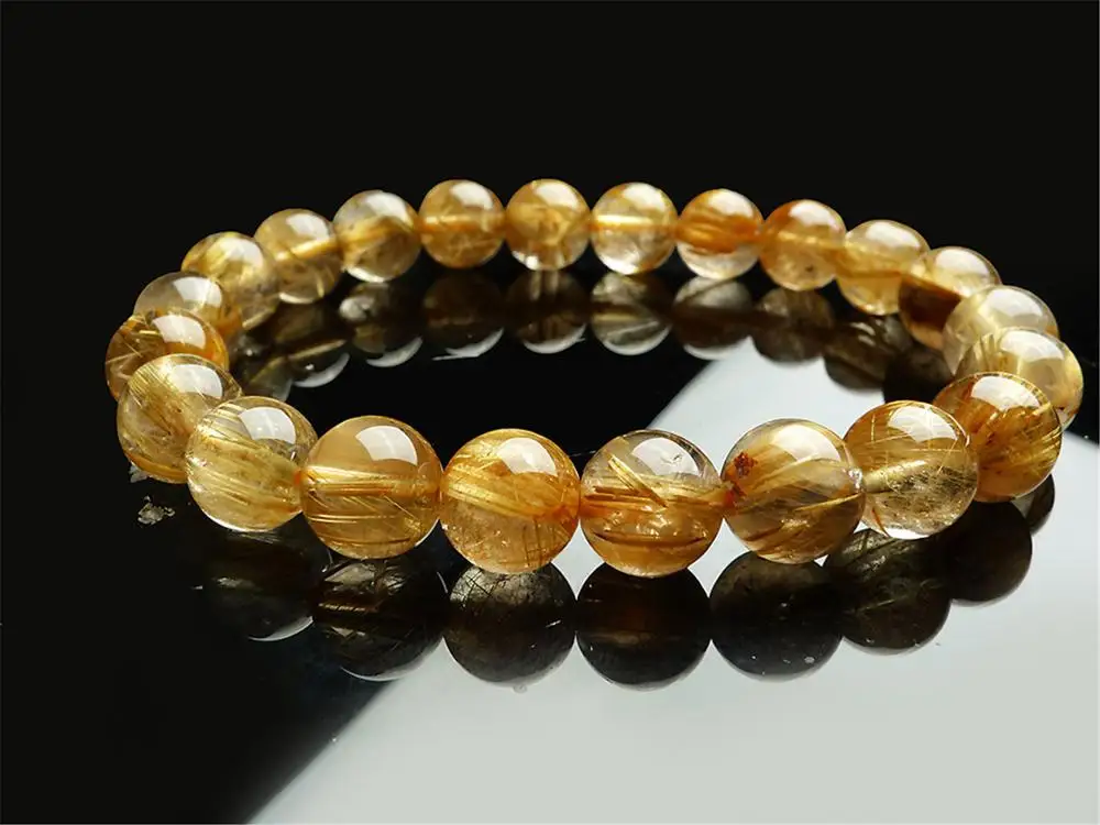 

Genuine Natural Brazil Gold Rutilated Quartz Crystal Woman Gemstone 9mm Titanium Best Round Beads Bracelet Jewelry Bangle AAAA