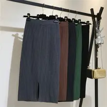 Женские юбки с высокой талией, вязаные, осень-зима, эластичная юбка-карандаш, длинная юбка-карандаш, макси шикарная офисная женская юбка зеленого цвета