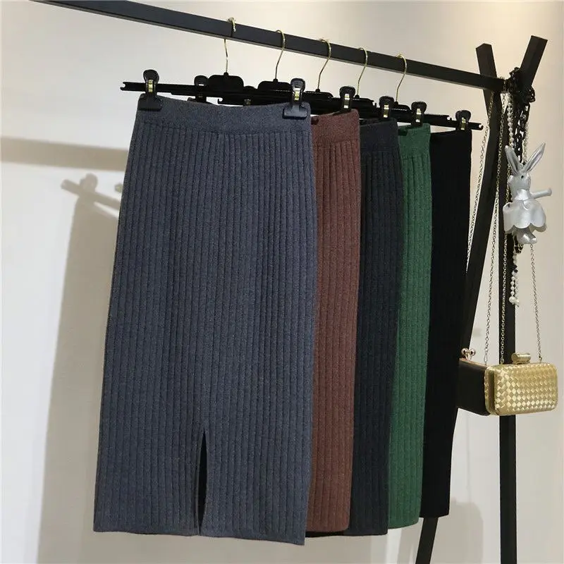 

High Waisted Skirts Womens Knittd Autumn Winter 2018 Elastic Pencil Skirt Long Pencil Skirt Maxi Chic Office Lady Skirt Green