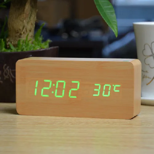 Деревянный светодиодный Будильник, despertador контроль звуков температуры светодиодный дисплей, электронные настольные цифровые настольные часы, SKU04A4A01 - Цвет: bamboo green