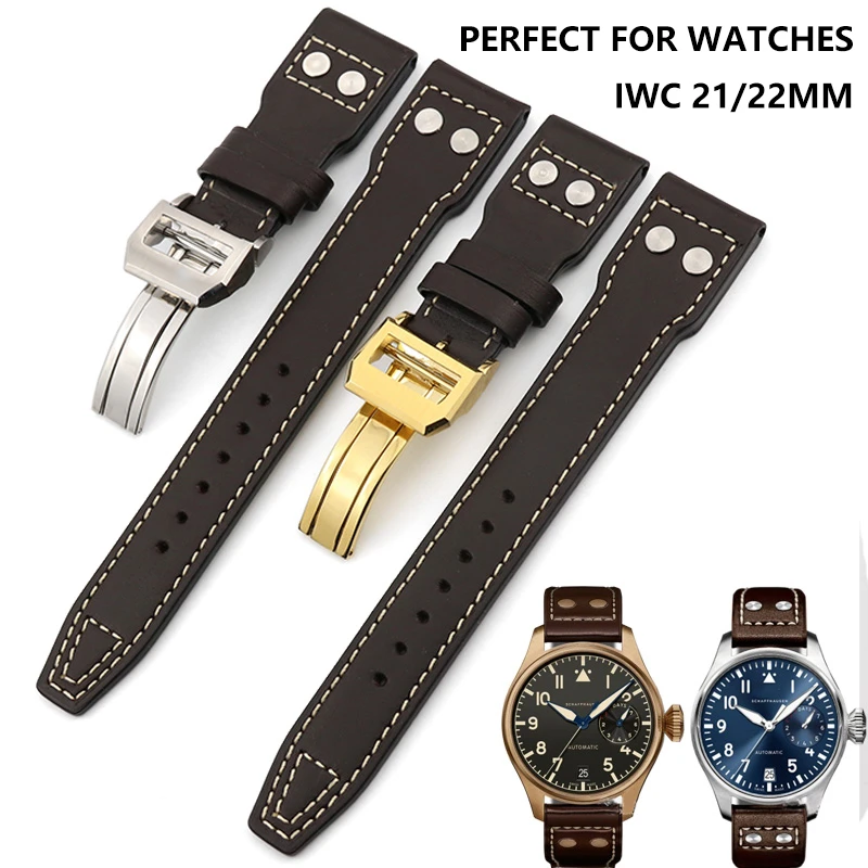 21mm 22mm High Quality Leather Watch Strap Dark Brown Plain with Nail Folding Buckle Watchband Special for IWC Watch Accessories|Watchbands| -