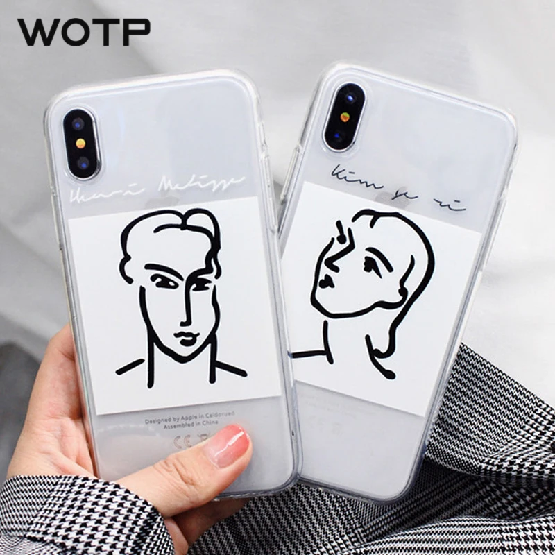 

WOTP Abstract Art Line Couples Soft TPU Phone Case For iphone 7 6 6S 8 Plus Cute Cartoon Clear Cases For iPhone X Back Cover