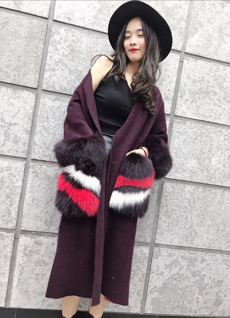 

2017 New women knitted mink cashmere sweater with big multi-color colorfull fox fur pocket cuff female fashion cardigans