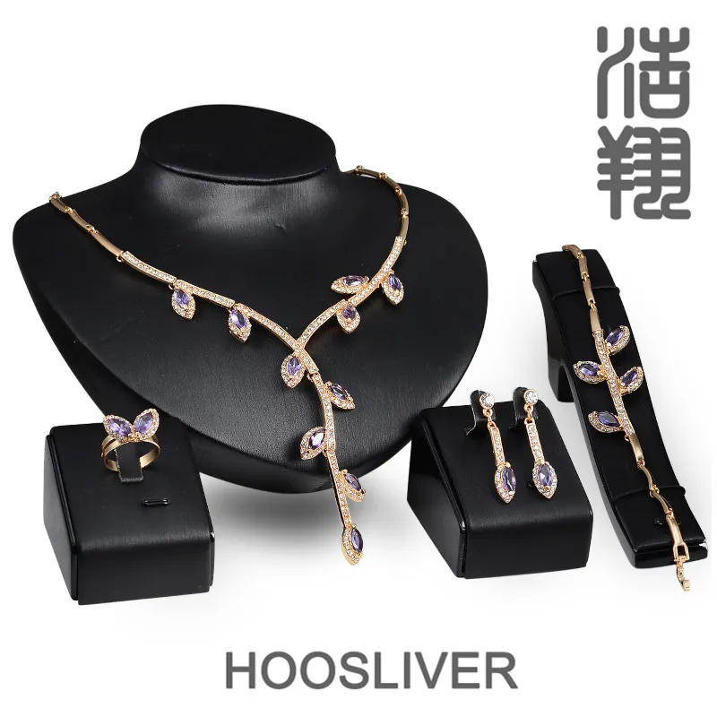HOOSLIVER Gold Plated Rhinestone Necklace Earrings Bracelet Ring Refinement Jewelry Sets Leaves Shape 4 Pcs | Украшения и