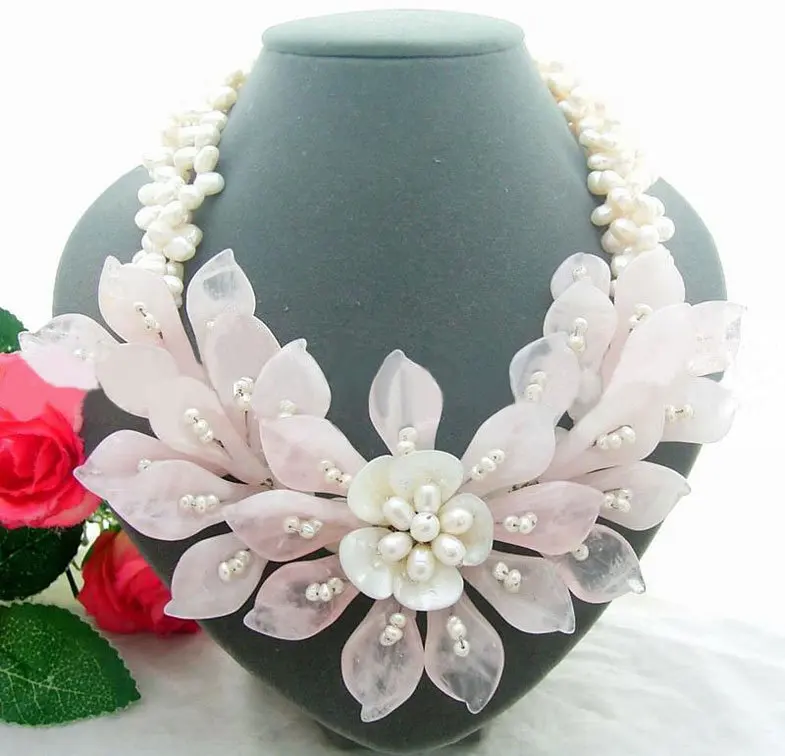 3Strds White Pearl&Rose Crystal Flower Necklace