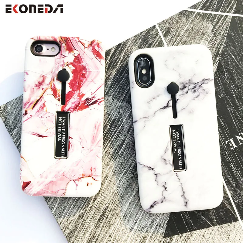 

EKONEDA For iPhone 6 6S 7 8 Plus Case Relief Marble Patterned Cover Soft Finger Ring Holder Case For iPhone X