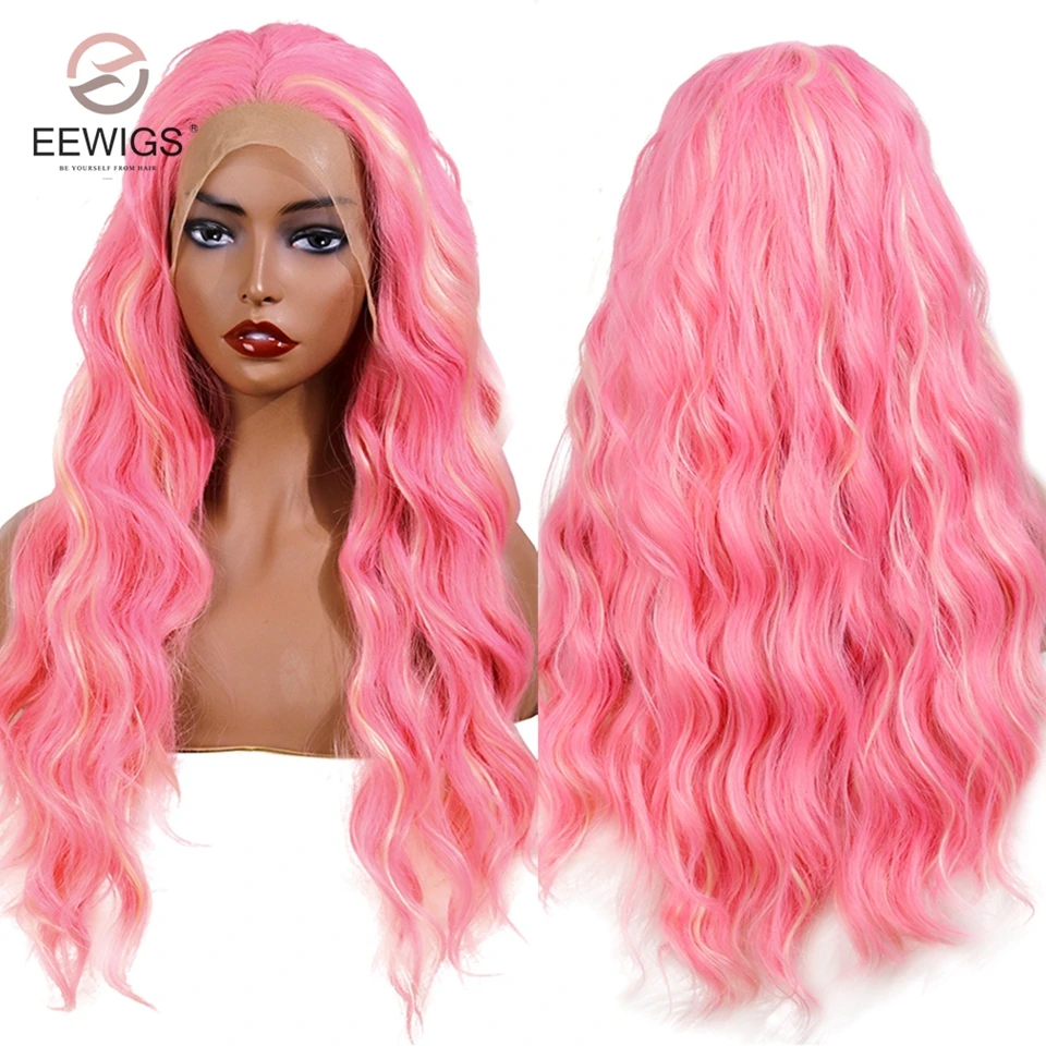 EEWIGS персиковый розовый парик с белым изюминком естественные волны бесклеевые синтетические кружева спереди парик термостойкий заменить
