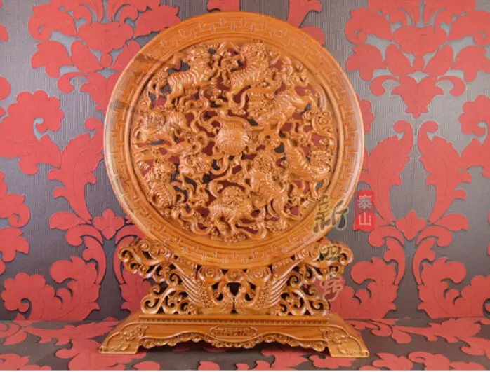 

21" China handwork hollow out peach wood Feng Shui nine Foo Dogs Lions Statue