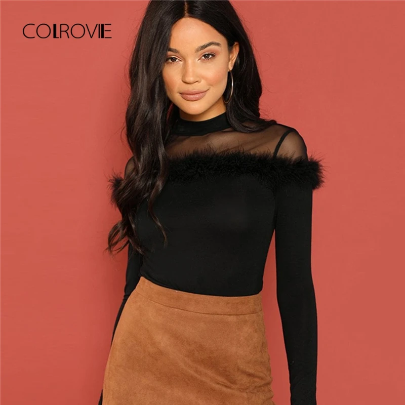 

COLROVIE Black Mesh Sheer Yoke Faux Fur Korean Winter T-Shirt Women Clothes Long Sleeve Shirt Vintage Sweet Ladies Tops Tee