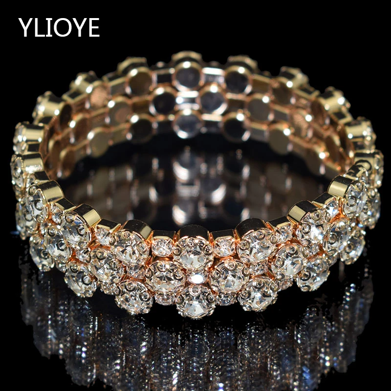 Модные браслеты и браслеты для женщин из серебра и золота с кристаллами 3/6 строк, стразы, растягивающийся браслет, ювелирные изделия