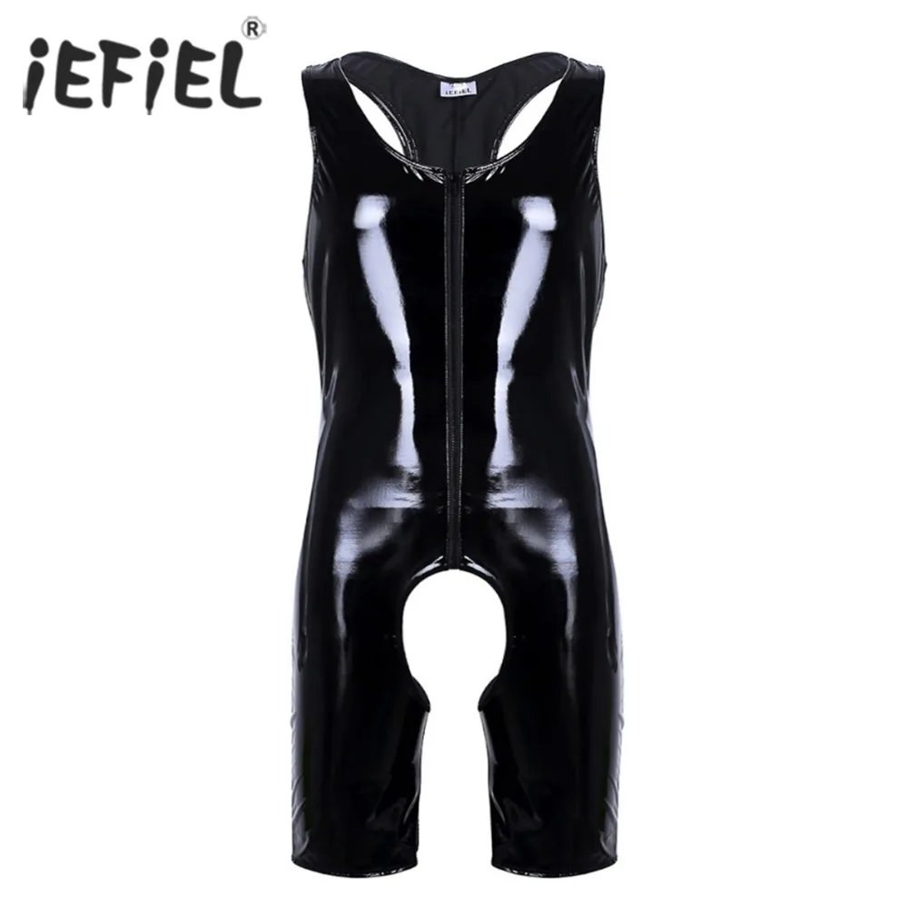 

Mens Wetlook Bodystocking Patent Leather One-piece Front Zipper Open Crotchless Singlet Boxer Shorts Leotard Bodysuit Underwear
