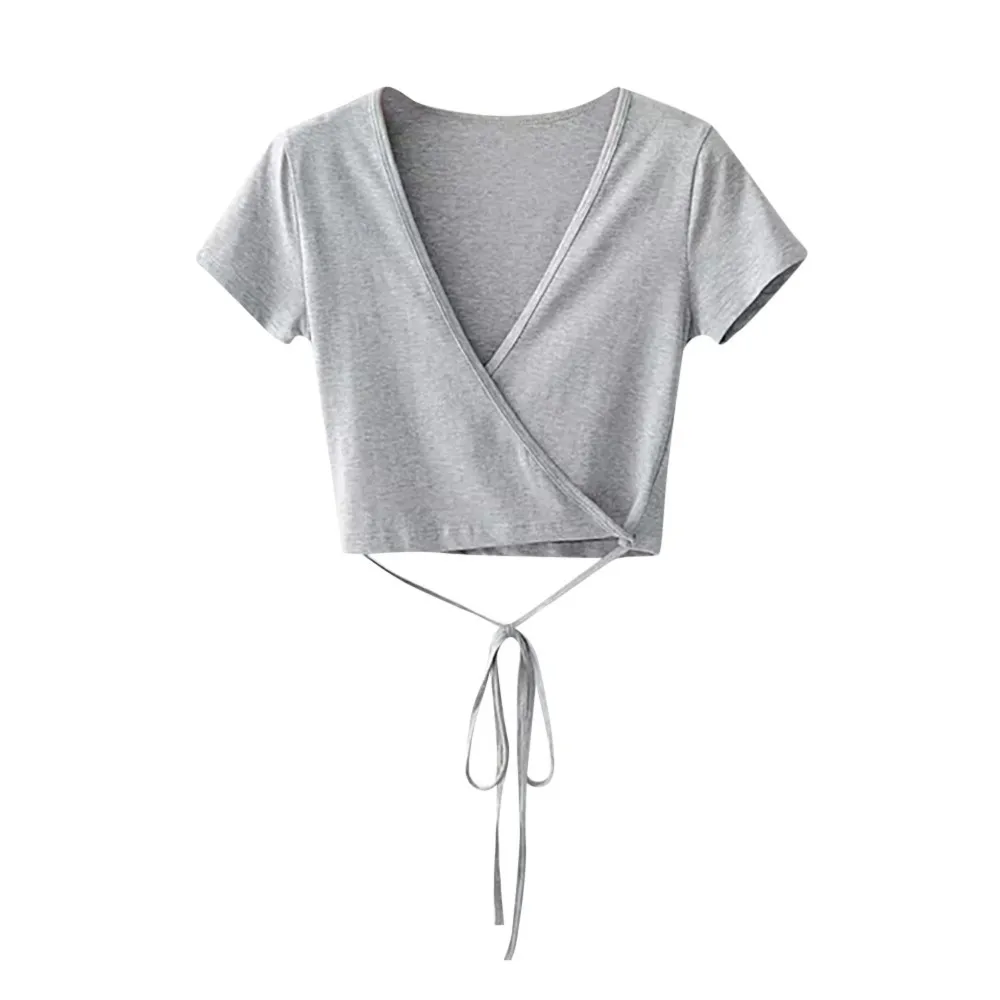

FEITONG Solid Deep V Neck Shirts Women Short Sleeve Bandage Crop Tops Clothes Blusa Shirt 2018 Fashion 4 Colors Female T-shirt