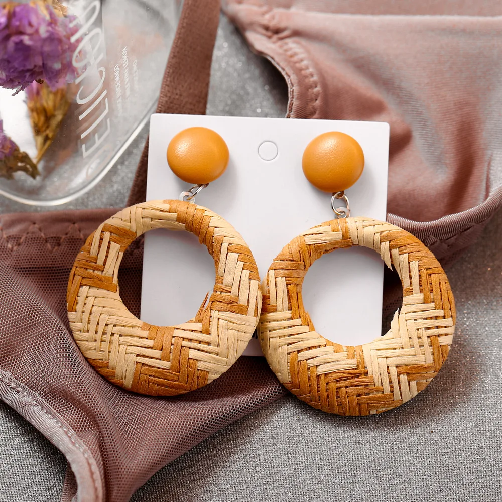 

2019 Fashion Women Wood Bamboo Rattan Geometric Circle Dangle Earrings Jewelry Boho Big Hoop Beach Drop Earrings