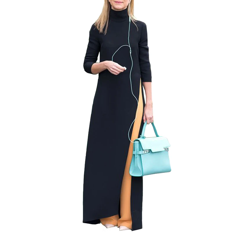 

Women Long Maxi Dress Plus Size Deep Split Fall Winter Dress Knitted Cotton Stretchy ladies Black Vintage Dresses Robe Femme