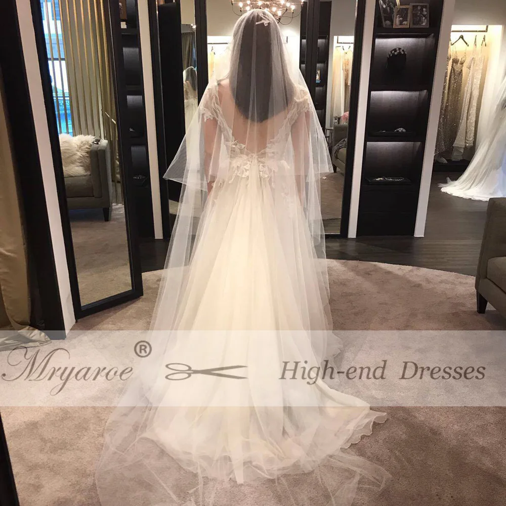 Mryarce Sexy V Neck Lace Appliques Tulle A Line Open Legs Open Back Wedding Dress Bridal Gowns  (2)