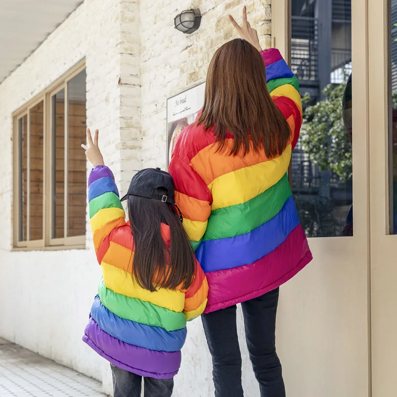 Rainbow Pattern Family Matching Clothes Mommy and Baby Son Outfits Girls Cotton Thicken Down Coats