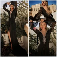 New Fashion Galia Lahav Black Long Chiffon Backless Evening Dresses 2014 Beadings V Neck Long Sleeve Formal Dinner Party Dress