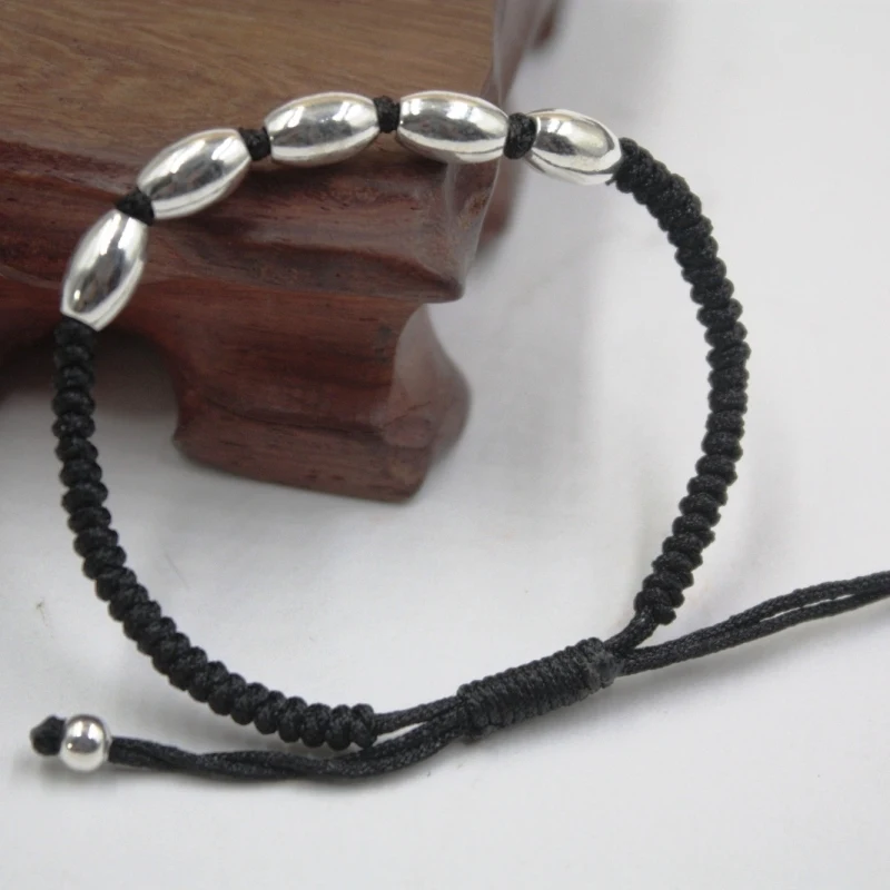 Новое поступление реального S925 стерлингового серебра цепи Для женщин гладкий шарик черный вязаный браслет