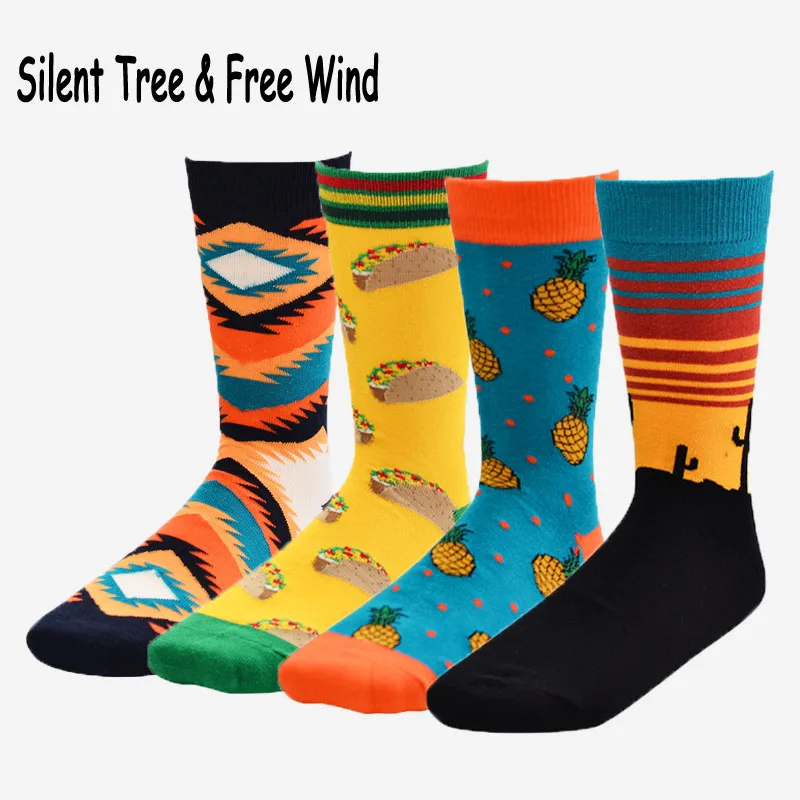 

Men Abstract Oil Painting Art Crew Socks Funny Funky Pineapple Cactus Pizza Desert Hamburg Novelty Cotton Sock