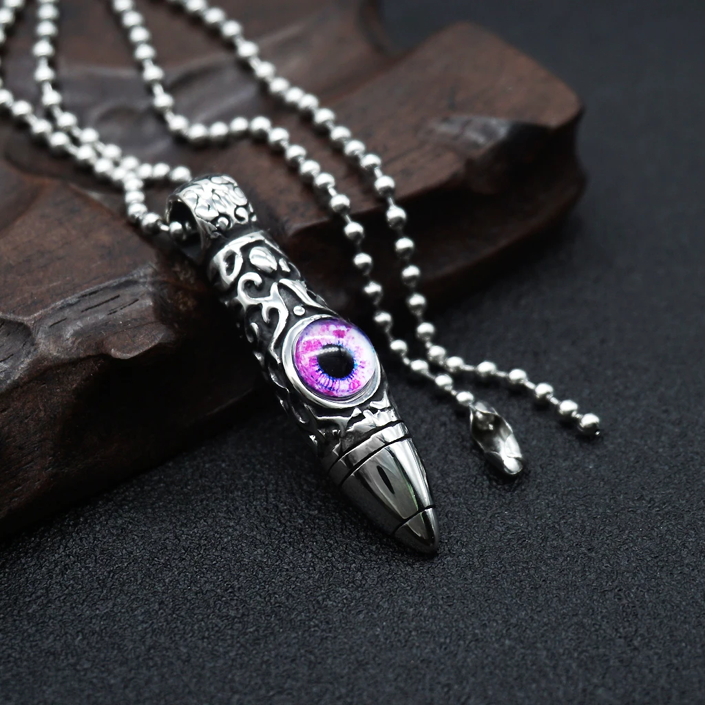 Vintage Stainless Steel Bullet Shape Evil Eye Pendant Ball Chain Necklace Fashion Punk Mens Jewelry