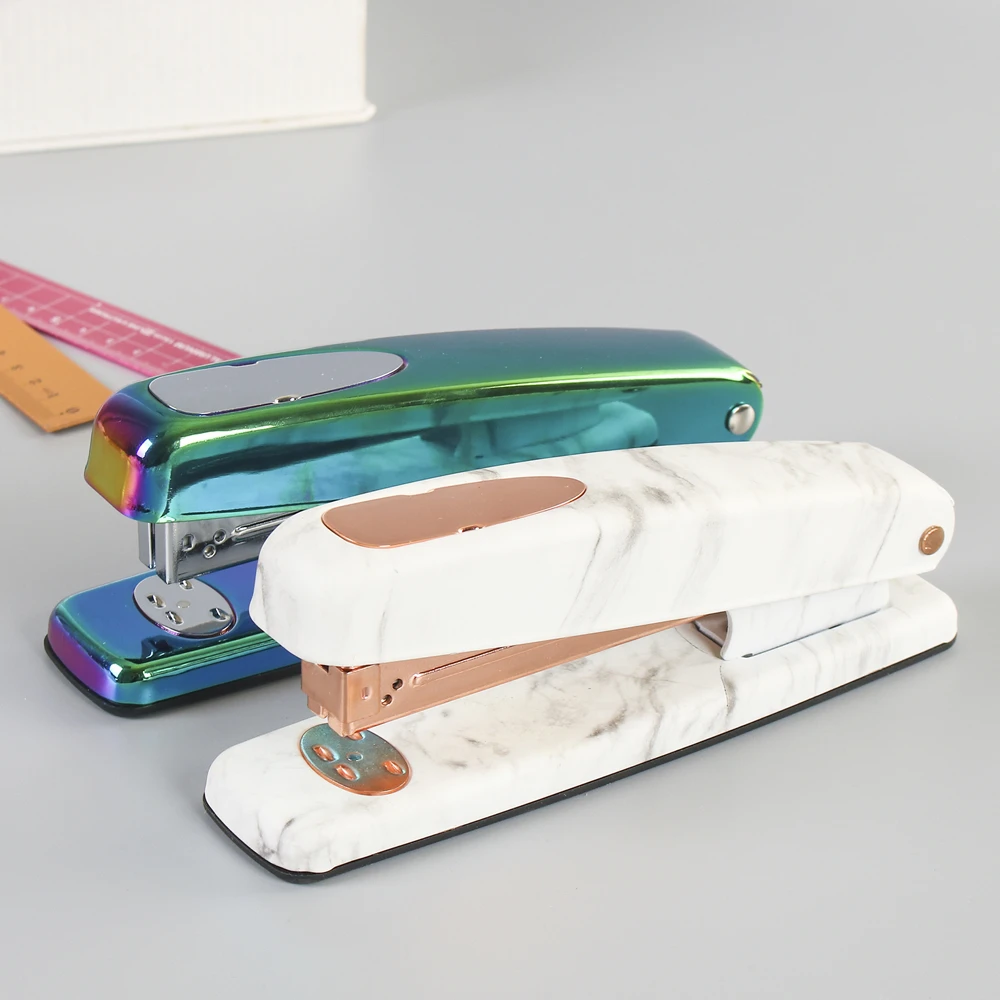 

White Marble Stapler Heavy Duty Desktop Spring Powered Stapler Rose Gold Home Office Bookbinding Supplies with Non-slip Mat