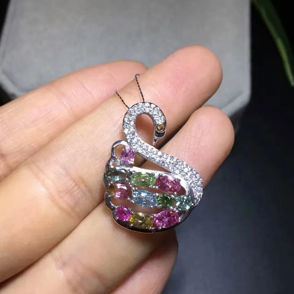 natural multicolor tourmaline pendant S925 silver Natural gemstone Pendant Necklace trendy swan women lovers party gift jewelry