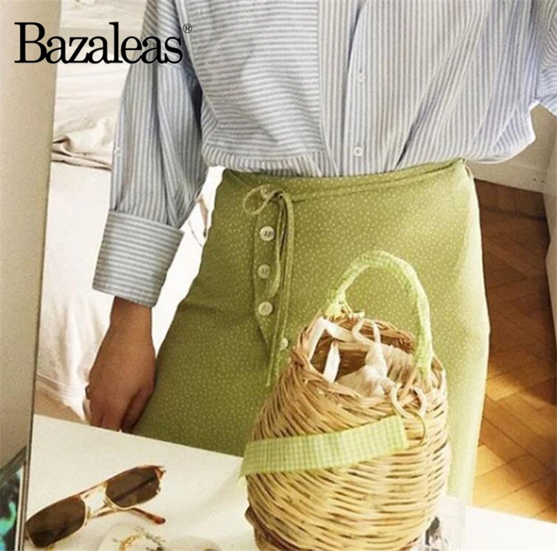

Bazaleas Vintage wrap midi skirt France Anise dots print Green skirts Green Tie waist and buttons Women High Waist Skirts
