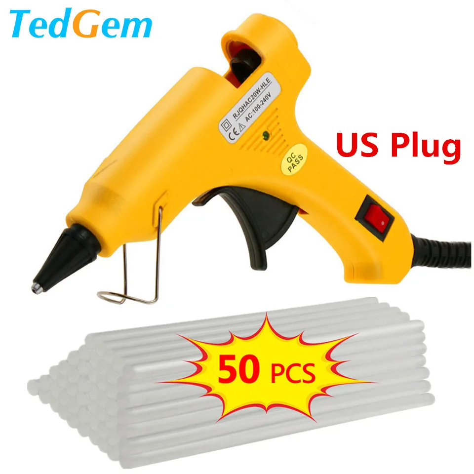 

Tedgem Hot Melt Glue Gun with 50pc 7mm*190mm Glue Sticks US Plug 100-240V 20W Gluegun Guns Thermo Gluegun Repair Heat Tool