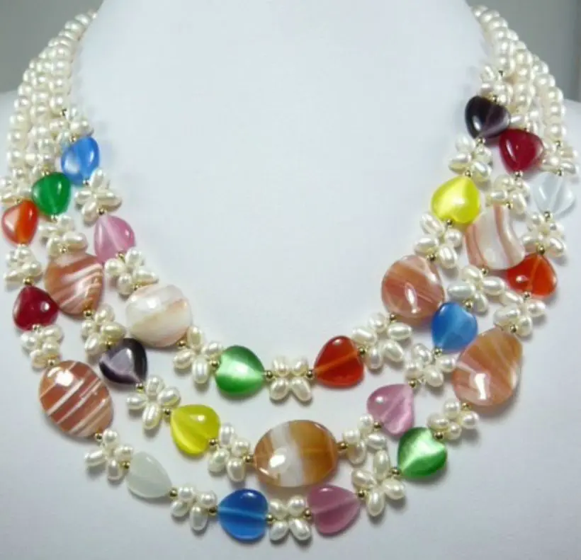 

FREE SHIPPING charm 3 row white pearl & mixed Multi Color jade stone pearl necklace