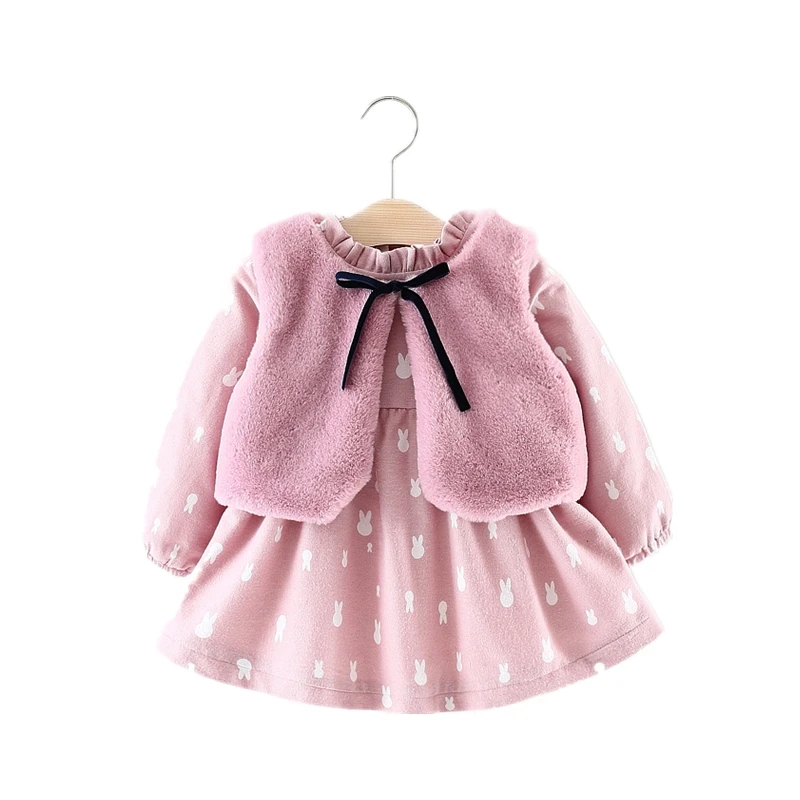 

Winter Newborn Velvet Baby Girl Dress With Faux Fur Vest 2PCS Brand Infant Girls Thicken Warm Cotton Pink Flannel Princess Dress