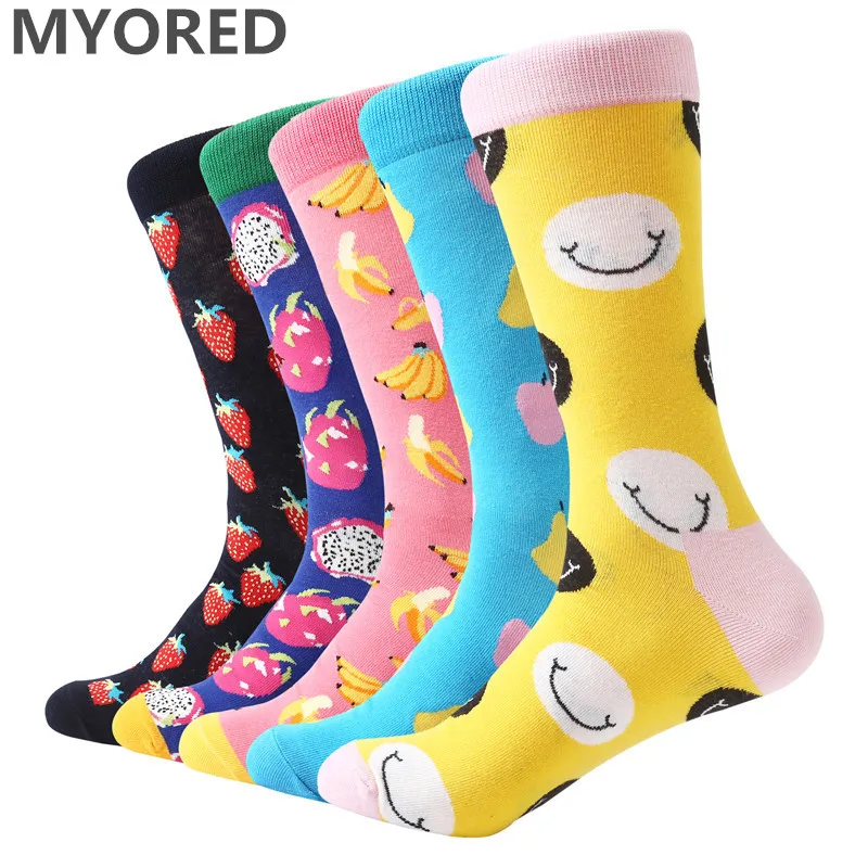 

MYORED 5 pair/lot Fashion men's socks novelty dress socks combed cotton cartoon fruit colorful men wedding socks for party sock