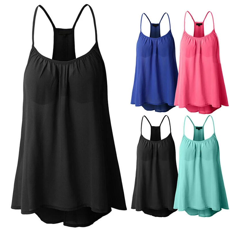 2019 Fashion Brand Women's Chiffon Blouse Summer Sleeveless Strappy Shirt Solid Casual blouse Plus Size Female Top Swing Vest
