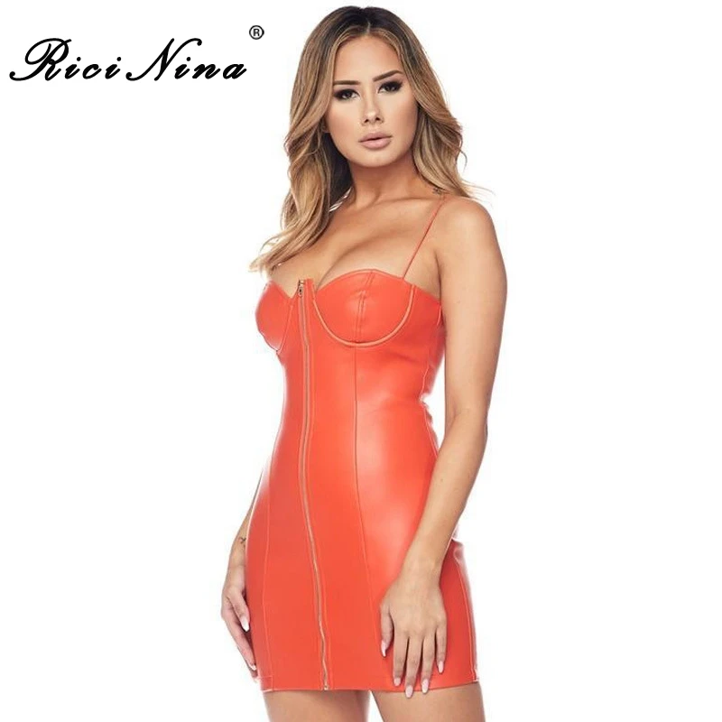 RICININA New Dress Women Spaghetti Strap Backless Sexy Bodycon Mini Dress Ladies Summer Bandage Party Short PU Dresses Vestidos